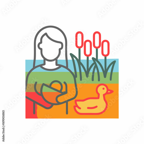 Woman feeding ducks near lake in colorful nature scene  