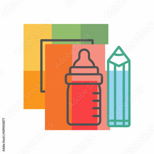 Sippy cup near coloring book and colored pencil on bright background  