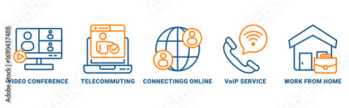 Remote Working icon set vector concept with icon of video conference, telecommuting, connecting online, voip service, work from home 