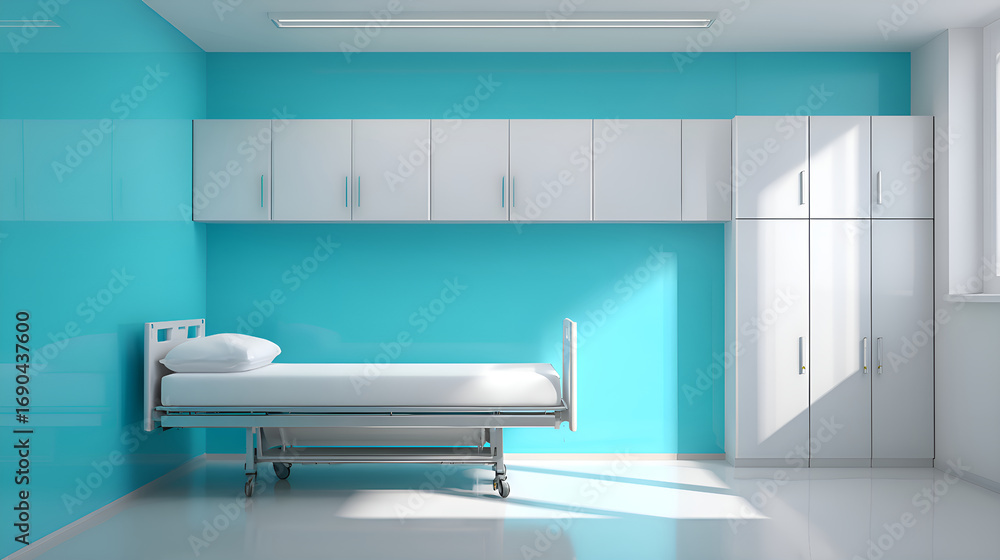 Fototapeta premium Empty hospital room with bed and cabinets, emphasizing cleanliness and healthcare