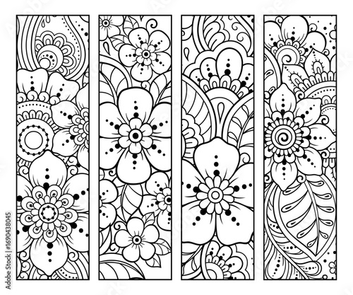 Printable bookmark for book - coloring. Set of black and white labels with flower patterns, hand draw in mehndi style. Sketch of ornaments for creativity of children and adults with colored pencils.