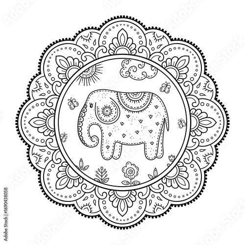 Funny cartoon children coloring book. Elephant with butterflies in a meadow surrounded by flowers on a Sunny day. Kids drawing in the Scandinavian style. Folk art.