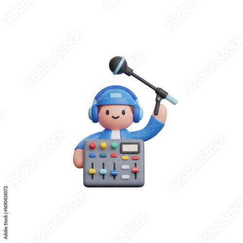 Cheerful Cartoon Sound Engineer Character Holding Microphone And Mixing Console On Transparent Background