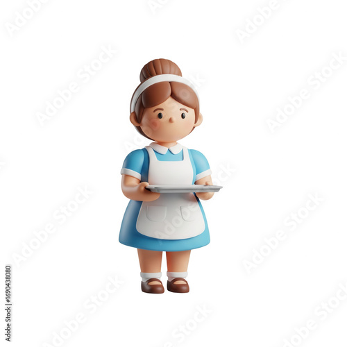 A Cute Cartoon Maid Holding A Tray On A Transparent Background