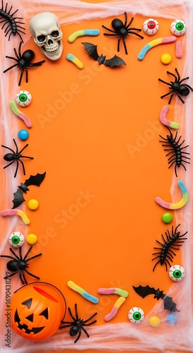 Halloween flat lay background with spiders bats skull candy and pumpkin for spooky season design