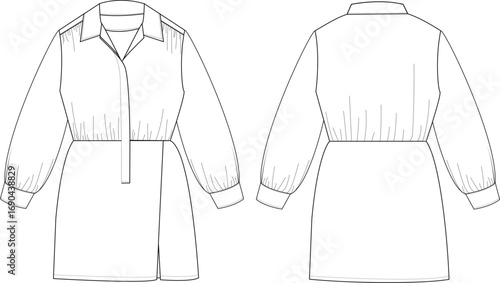 Flat Sketch of Long Sleeve Dress with Waist Elastic and Button Closure – Technical Drawing Front and Back