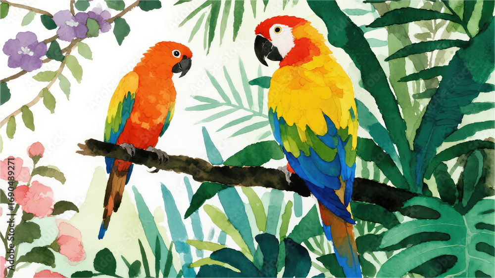 Obraz premium Colorful Macaws in Lush Jungle: Two vibrant macaws perch gracefully on a branch, immersed in a watercolor illustration of a vibrant tropical jungle.