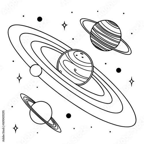 Stylized planets and rings in space galaxy cosmos
