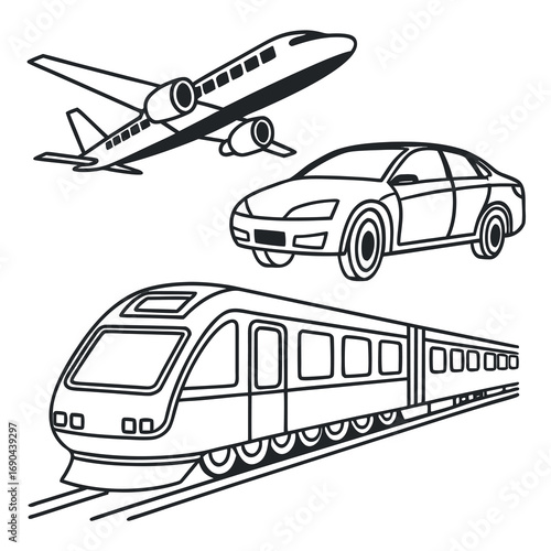 Airplane car and train transportation icons aircraft