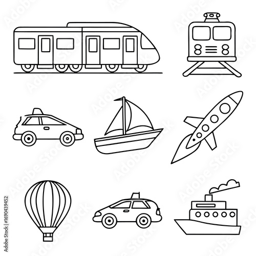 Black and white icons of train car sailboat rocket and hot air balloon