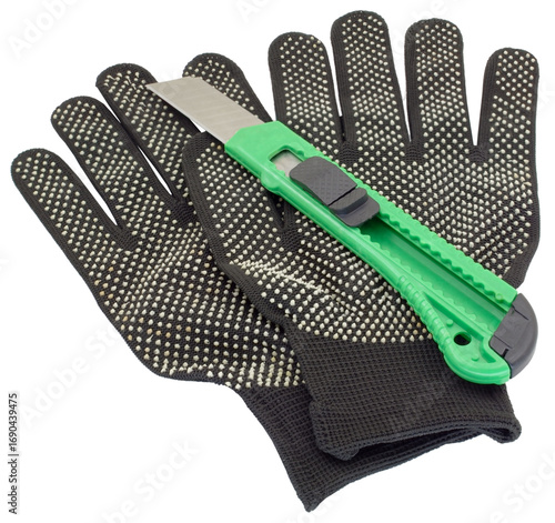 black work gloves and a stationery knife