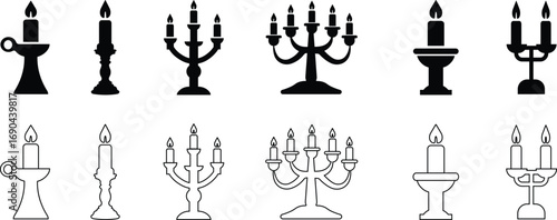 Candle with Stand Icon Set Black Flat and Line Style Lighting Symbol Collection Group of Candlestick, Menorah, Lamp, Flame, Waxlight, Torch, Lantern, Illumination Vector