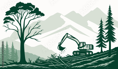 Monochromatic Green Vector Illustration of Deforestation Scene with Heavy Machinery, Fallen Tree, and Mountain Layers