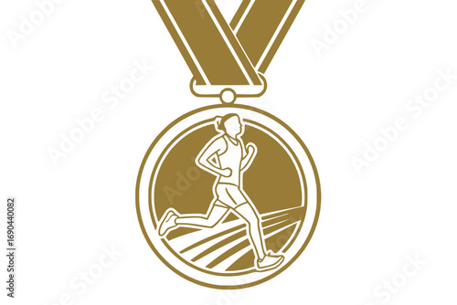 Vector icon of a marathon medal with ribbon, flat golden solid color, minimal sporty style, white background