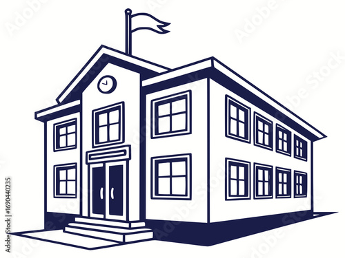 School building vector icon, solid flat colors, simple clean design, isolated on white background