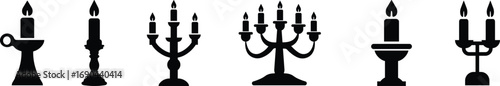 Candle with Stand Icon Set Black Flat Style Lighting Symbol Collection Group of Candlestick, Menorah, Lamp, Flame, Waxlight, Torch, Lantern, Illumination Vector