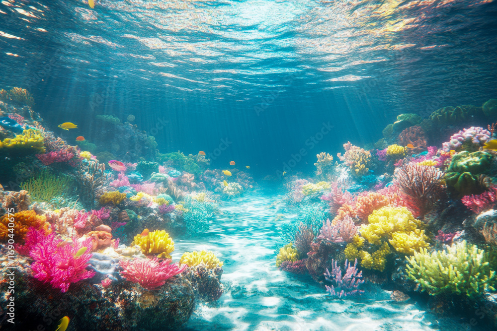Obraz premium Vibrant colorful coral reef thriving underwater. Sunlight beams pierce clear blue ocean water illuminating tropical fish swimming over sand.