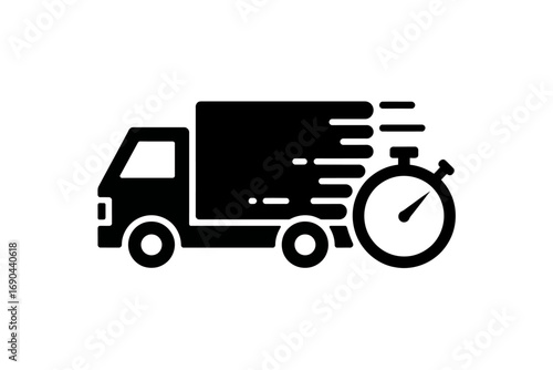 Fast delivery truck with stopwatch symbol, illustrating express shipping and on-time service for efficient distribution