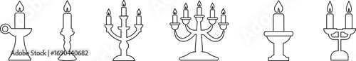 Candle with Stand Icon Set Black Line Style Lighting Symbol Collection Group of Candlestick, Menorah, Lamp, Flame, Waxlight, Torch, Lantern, Illumination Vector