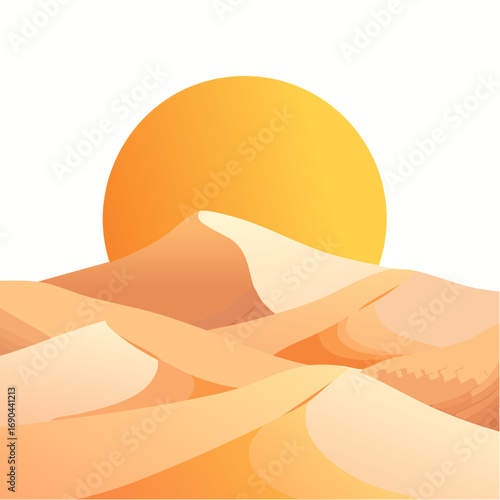 Desert sun with heat waves above sand dunes, conveying hot climate and dryness.