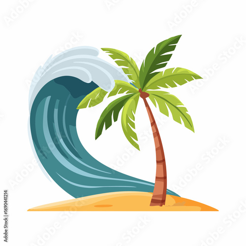Tropical storm with palm tree bending, conveying wind force and danger.