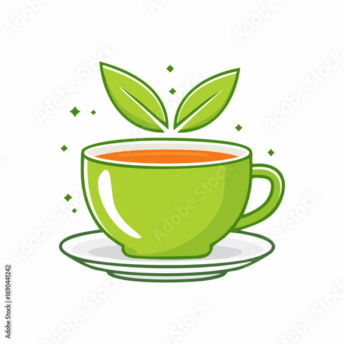 Green tea cup with leaves, conveying wellness and relaxation.