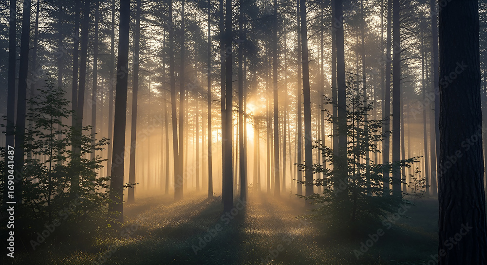 Obraz premium misty pine forest at dawn