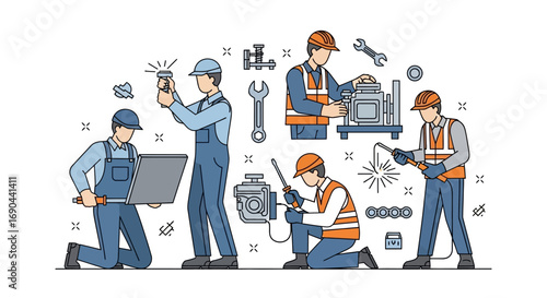Vector Set of Workers in a Workshop Flat Illustration of Industrial Labor, Factory Teamwork, and Craftsmanship Icons