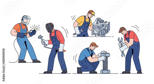 Vector Set of Workers in a Workshop Flat Illustration of Industrial Labor, Factory Teamwork, and Craftsmanship Icons