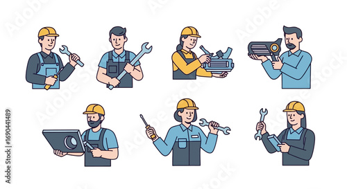 Vector Set of Workers in a Workshop Flat Illustration of Industrial Labor, Factory Teamwork, and Craftsmanship Icons