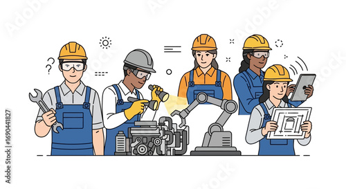 Vector Set of Workers in a Workshop Flat Illustration of Industrial Labor, Factory Teamwork, and Craftsmanship Icons