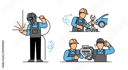 Vector Set of Workers in a Workshop Flat Illustration of Industrial Labor, Factory Teamwork, and Craftsmanship Icons