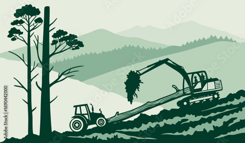 Monochromatic Green Vector Illustration of Deforestation Scene with Heavy Machinery, Fallen Tree, and Mountain Layers