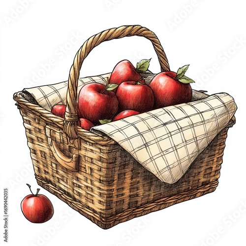 Wallpaper Mural Watercolor drawing of a picnic basket filled with red apples on a white background Torontodigital.ca