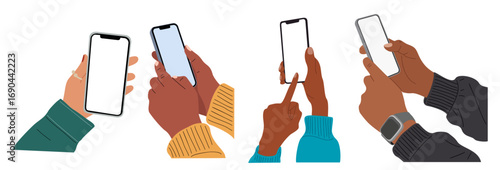 Different Hands holding mobile phone. Fingers touching, scrolling smartphone screen, using applications. Empty screen, phone mockup. Flat vector illustration isolated on transparent background