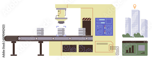 Robotic arm processes goods on a conveyor belt. Nearby screens display metrics. Buildings in background. Ideal for technology, manufacturing, automation, industry, innovation, engineering