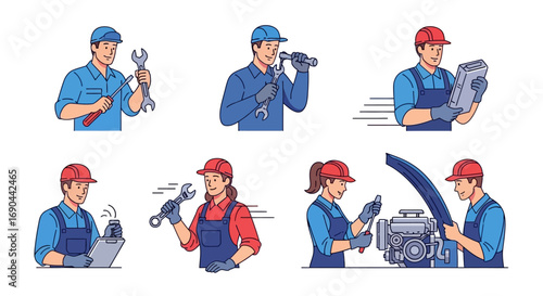 Vector Set of Workers in a Workshop Flat Illustration of Industrial Labor, Factory Teamwork, and Craftsmanship Icons