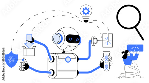 Robot conducting tasks thumbs up DNA analysis and programming with human collaboration, magnifying glass, fingerprint shield, and idea bulb. Ideal for AI, research, technology, science, programming