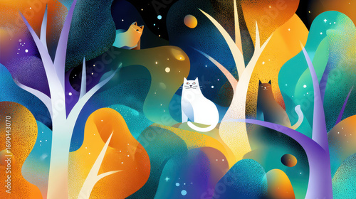 Colorful abstract illustration of two cats sitting in a vibrant, whimsical forest with trees and distant figures in a magical setting