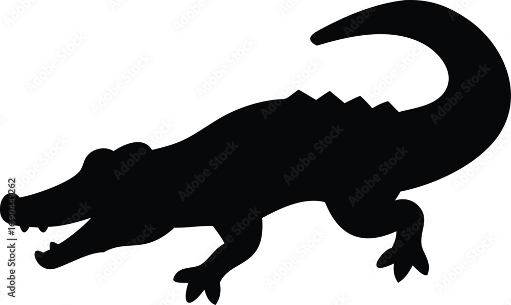 Fototapeta premium Alligator Silhouette Illustration, Wild Animal, Black Reptile Shape on White Background