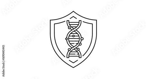 A stylized black and white outline of a DNA helix protected by a shield, symbolizing genetic security or protection.