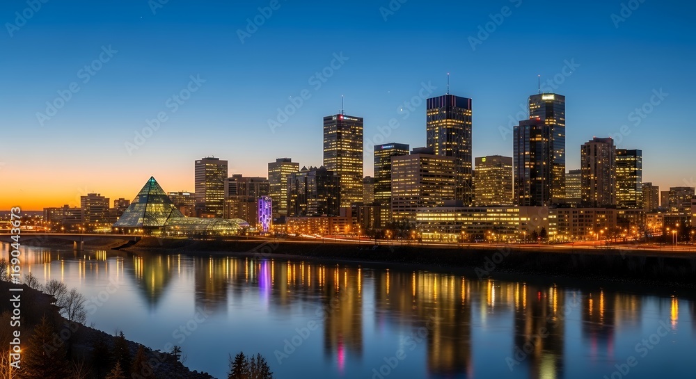 Fototapeta premium Night Skyline of Modern City with Tall Skyscrapers and Reflection in Water