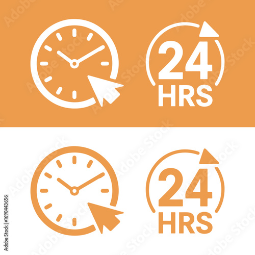 Clock and 24 hours service icon set representing availability and time