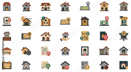 A grid of colorful flat design icons representing real estate, property, home buying, selling, and location services on a white background.
