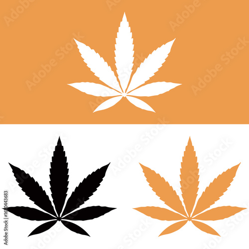 Three cannabis leaves in white black and orange against a split background.