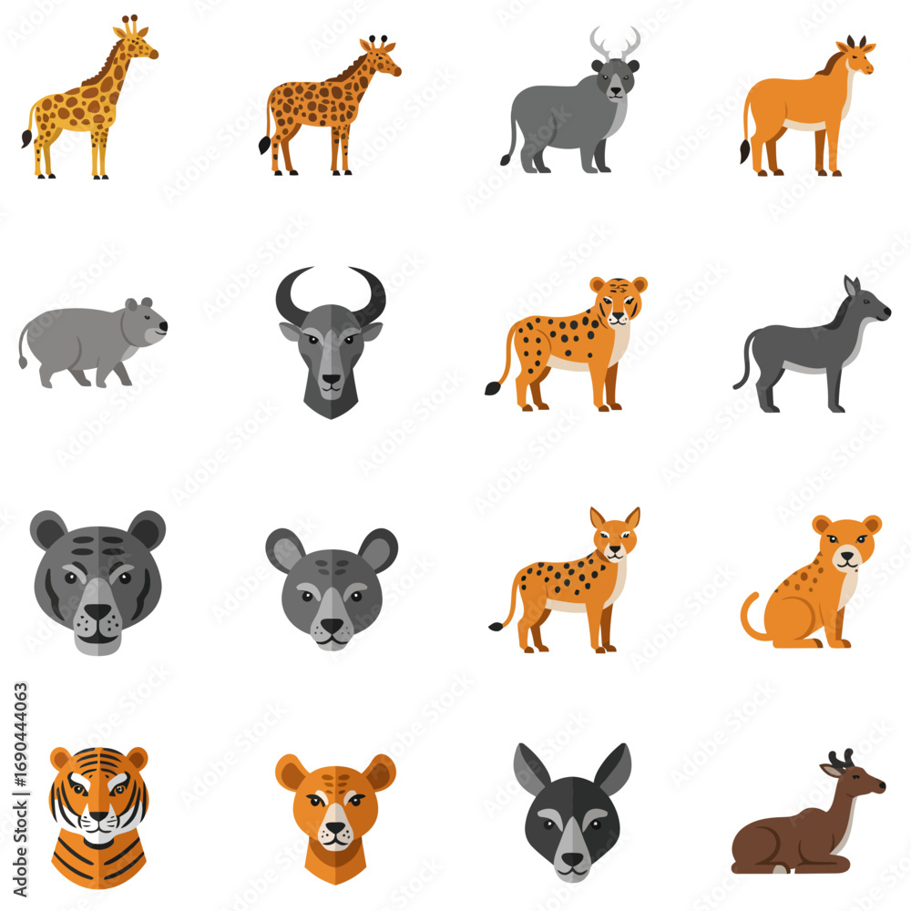 Obraz premium Collection of various African animals, including giraffes, cheetahs, and other wildlife illustrations.