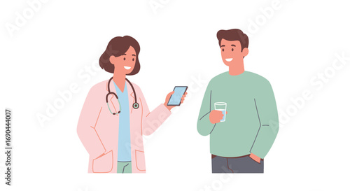 A female doctor in a lab coat and stethoscope shows a patient a smartphone screen.