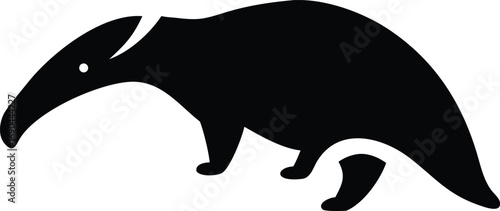 Black anteater walks with distinctive stripes on its head against a white background