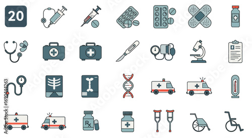 Collection of medical icons, including syringes, pills, bandages, stethoscopes, medical kits, thermometers, microscopes, x-rays, DNA, ambulances, and crutches.