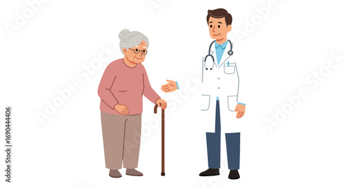 A male doctor in a white coat with a stethoscope around his neck is talking to an elderly woman who is holding a cane.